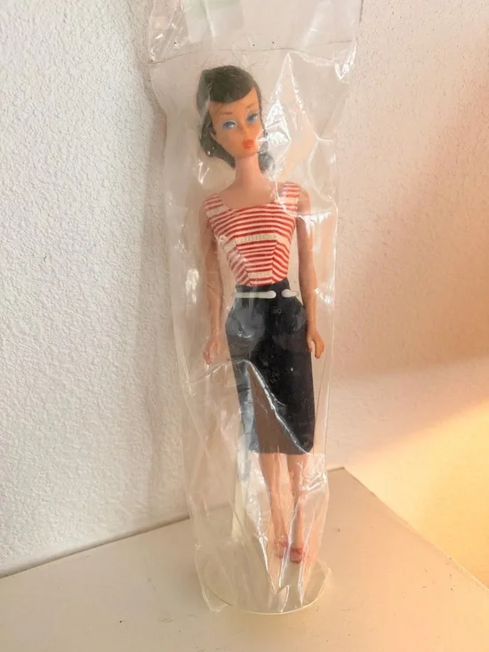 Vintage Barbie Doll Brunette 1960s Style Red Stripe Outfit - Picture 1 of 3